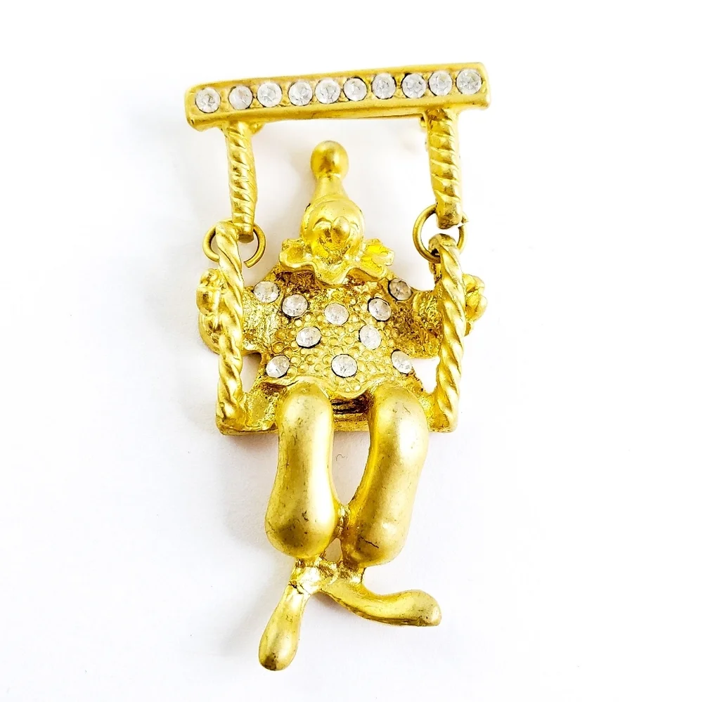 Vintage Brooch Clown Pin Gold + Rhinestones